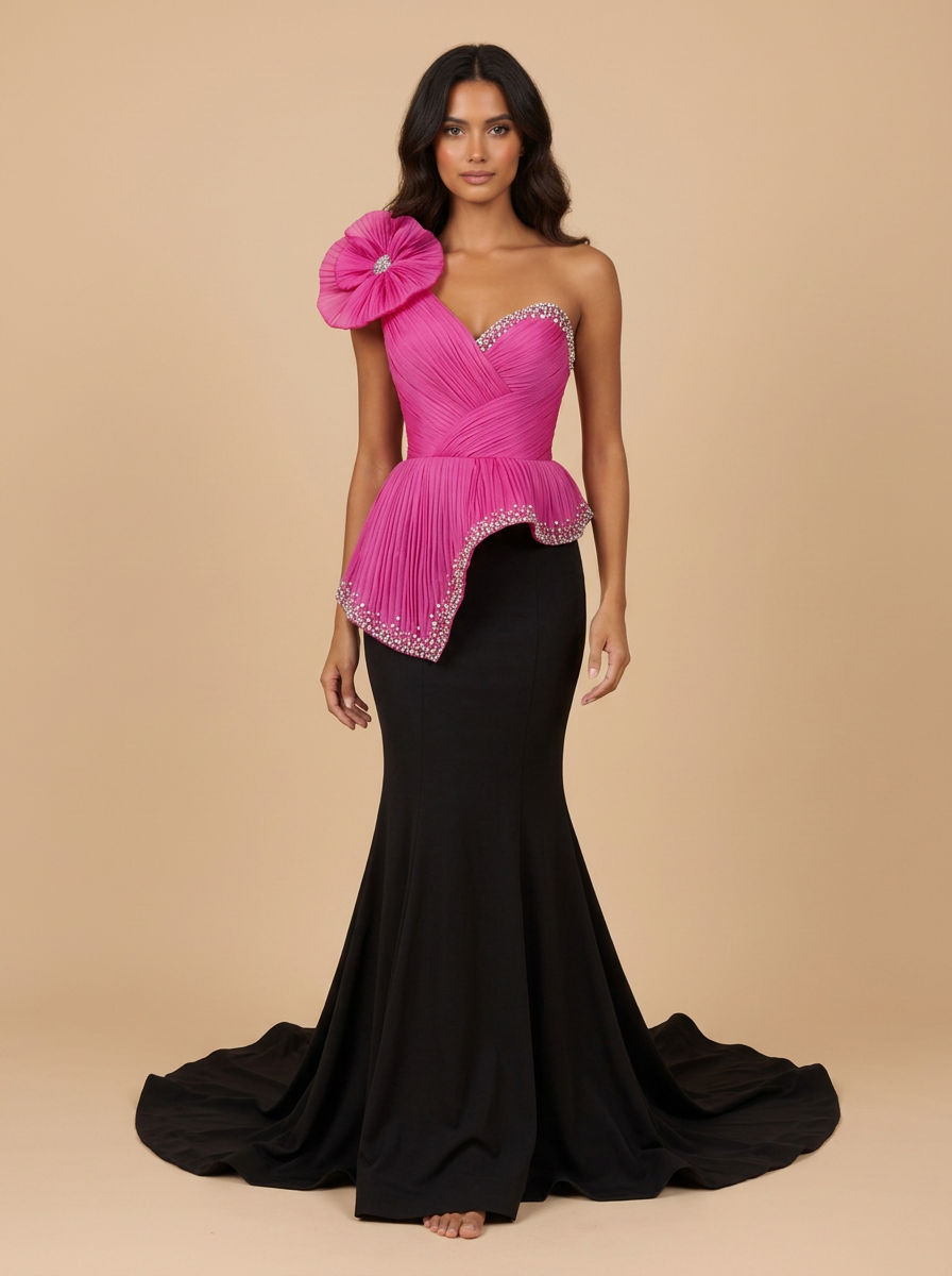 Scarlett · Vestido de gala sirena bicolor negro y fucsia de un hombro con flor gigante