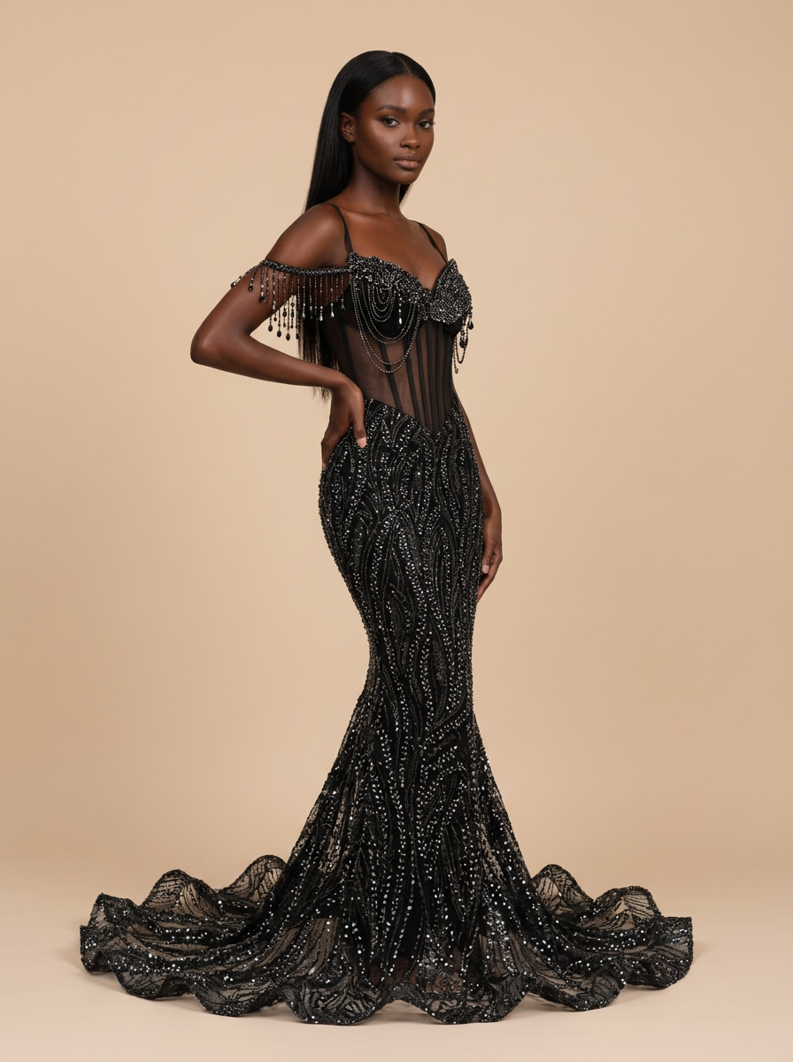 Medianoche · Vestido de gala sirena negro con corsé transparente y cadenas de pedrería