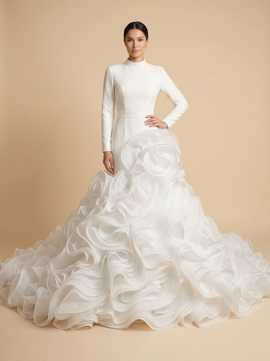 Paloma · Vestido de novia sirena de manga larga con encaje, perlas y volantes