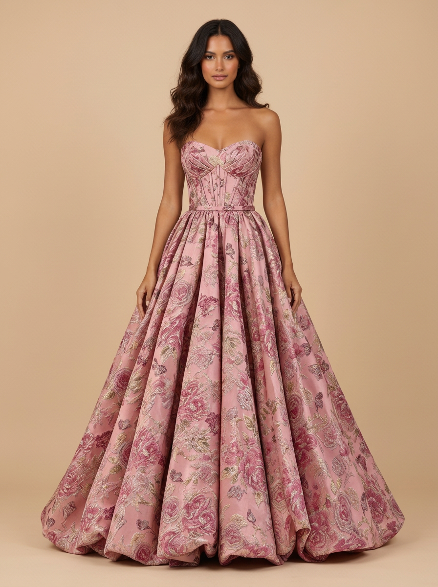 Rosalía · Vestido de gala con escote corazón y estampado floral rosa