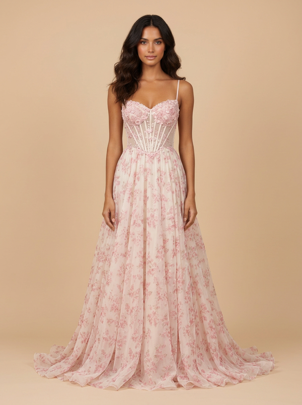 Flora · Vestido de fiesta rosa con corsé floral de gasa y espalda descubierta