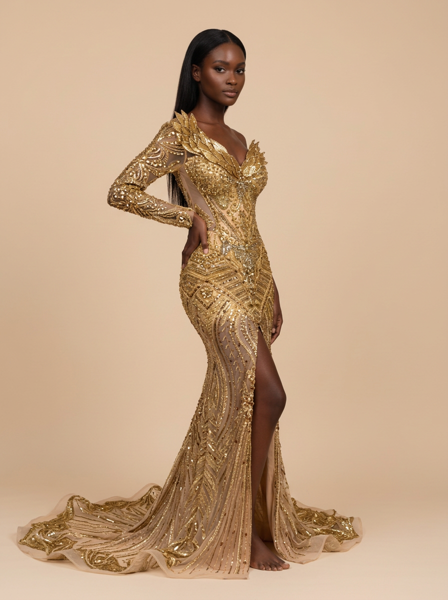 Dalia · Vestido de noche dorado de una manga con lentejuelas y abertura alta