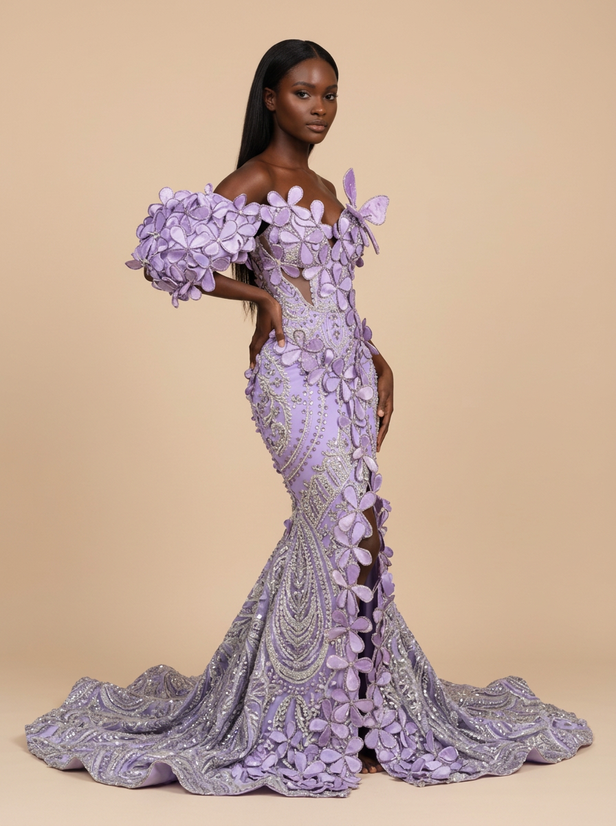 Gardenia · Vestido de gala lila de tul con flores 3D y hombros descubiertos