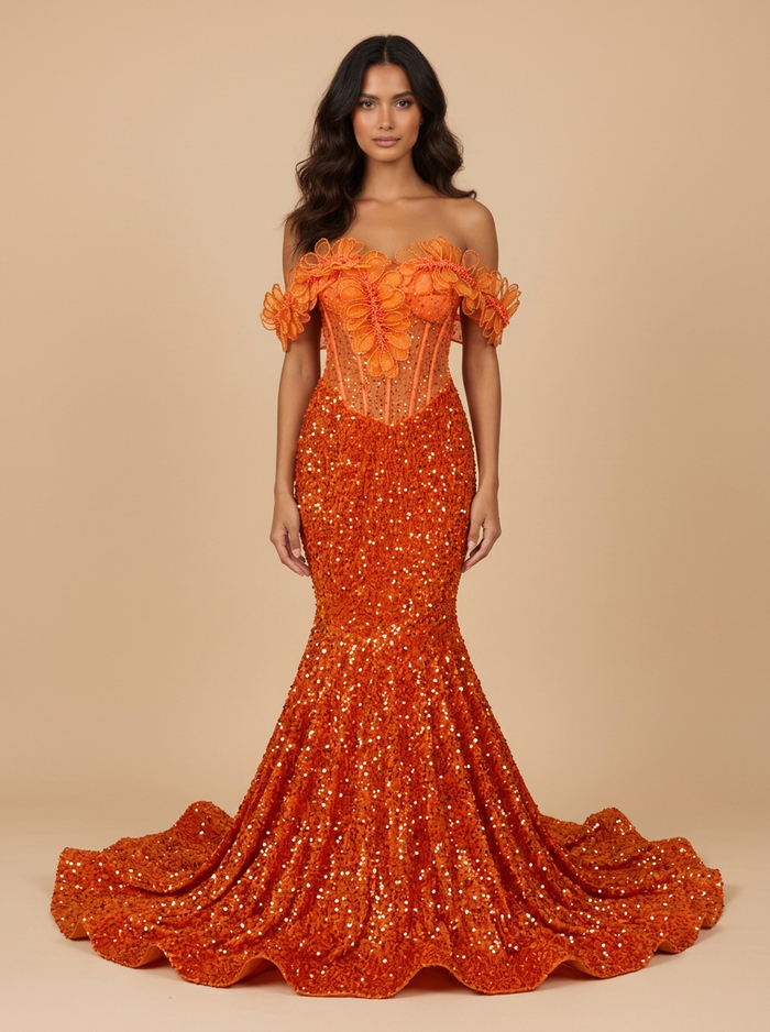 Valencia · Vestido de noche naranja de hombros descubiertos con flores