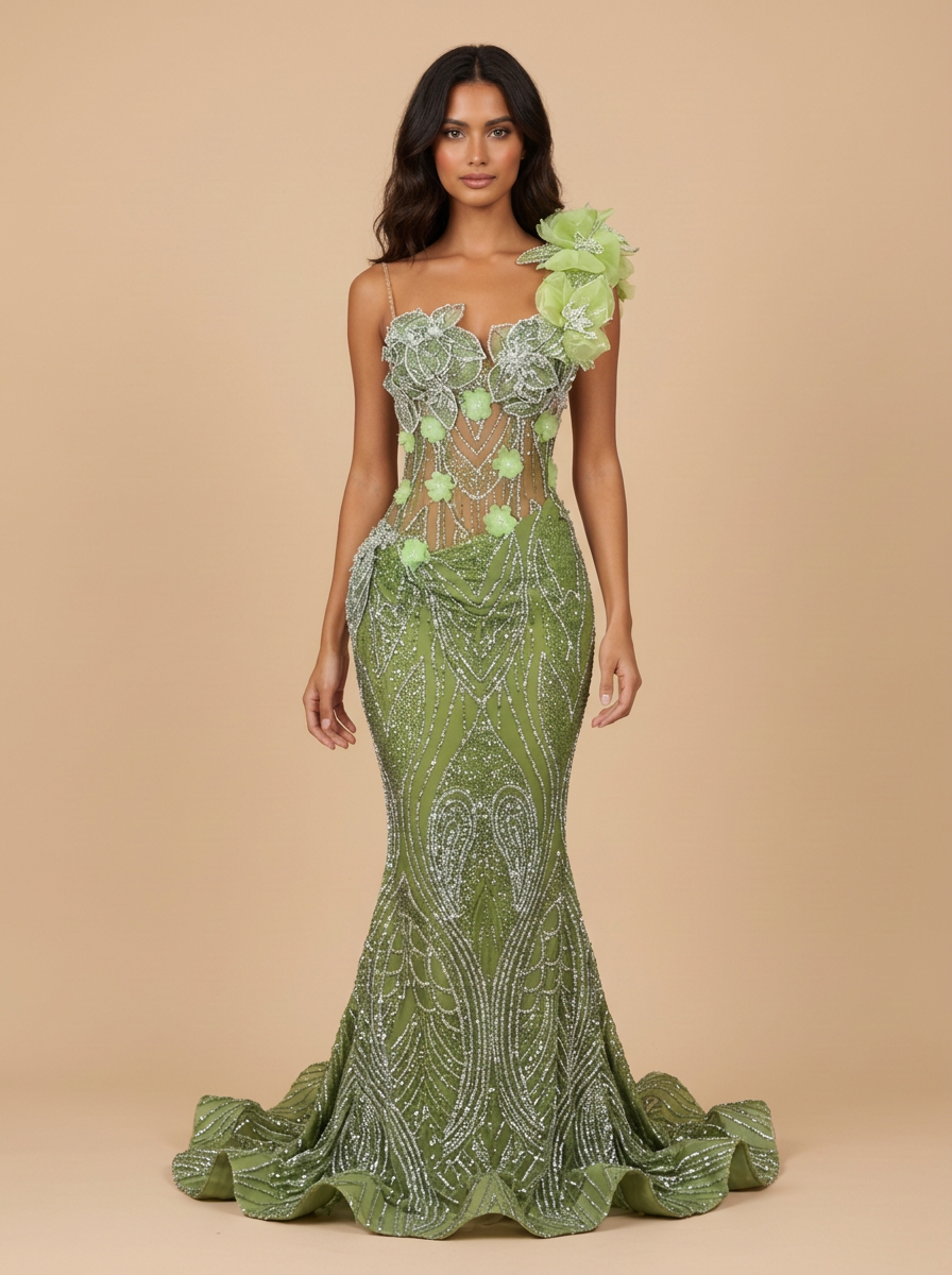Menta · Vestido de fiesta sirena verde menta de un hombro con flores 3D