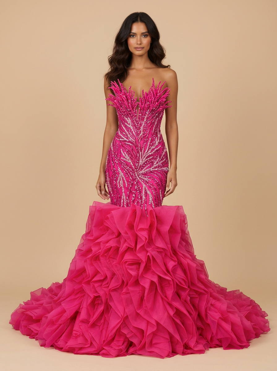 Ximena · Vestido de quinceañera sirena fucsia con flecos de cristal y volantes
