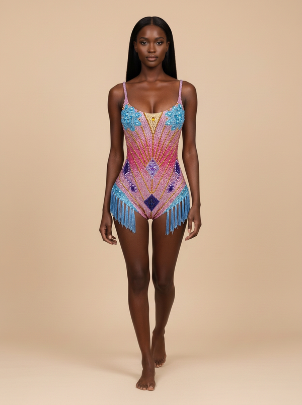 Arcoíris · Body de lentejuelas multicolor con flecos