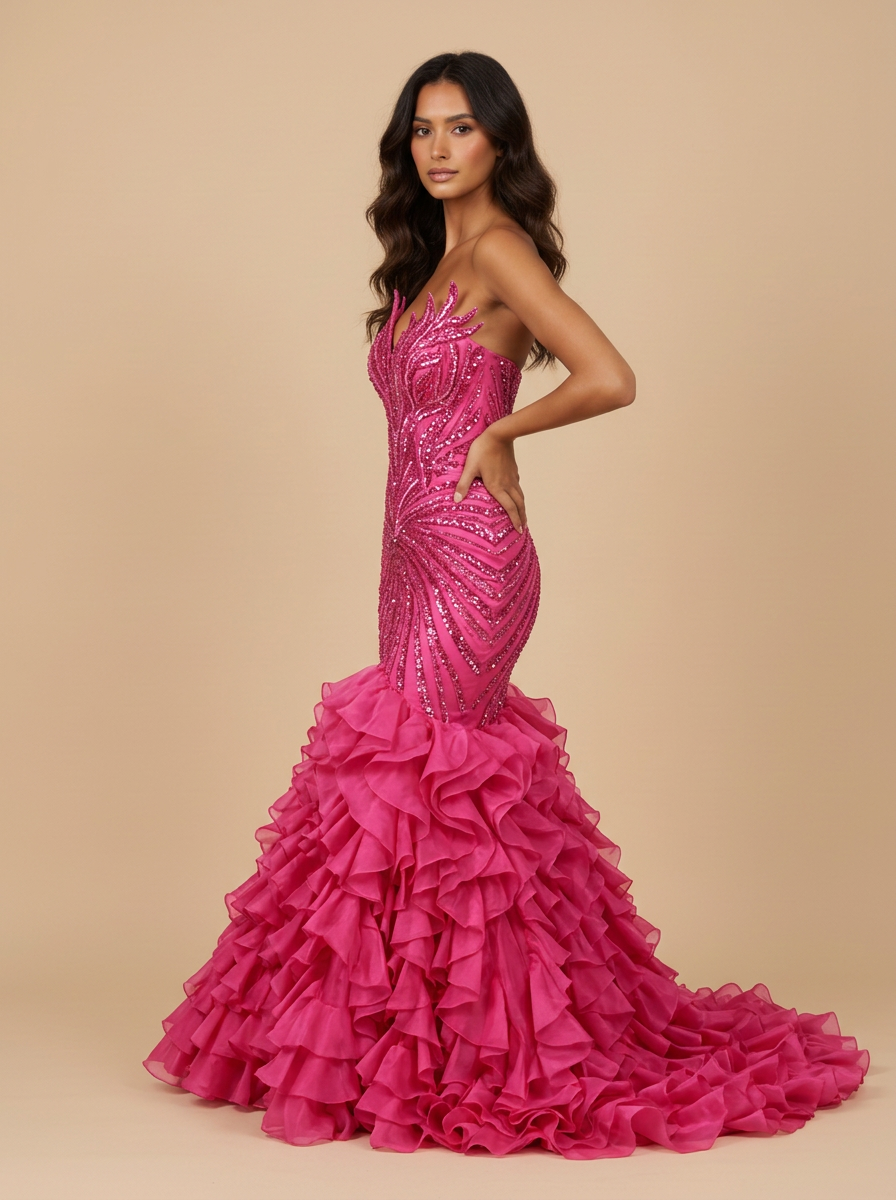 Ximena · Vestido de quinceañera sirena fucsia con flecos de cristal y volantes