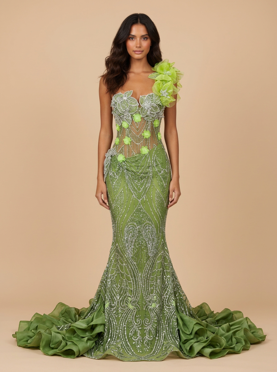 Menta · Vestido de fiesta sirena verde menta de un hombro con flores 3D