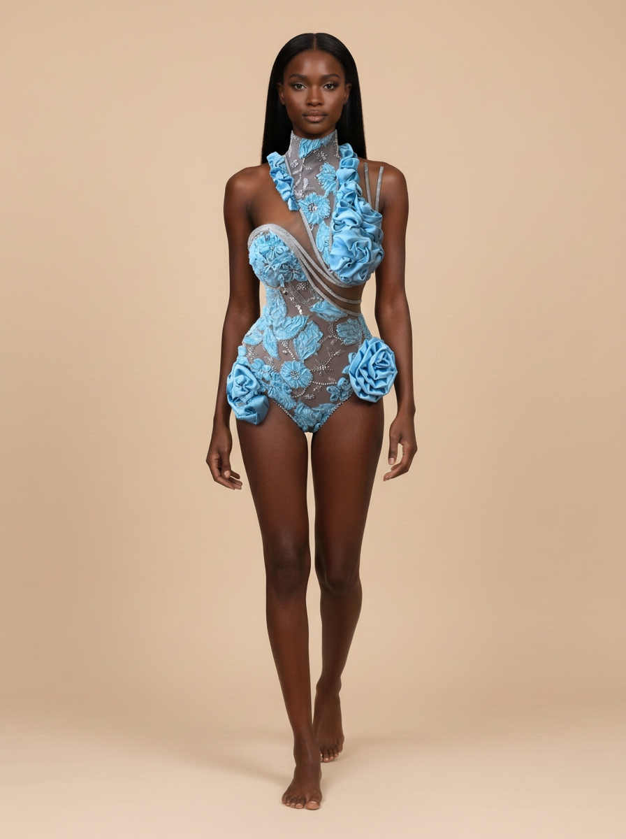 Cielo · Vestido de fiesta azul cielo de malla con flores 3D