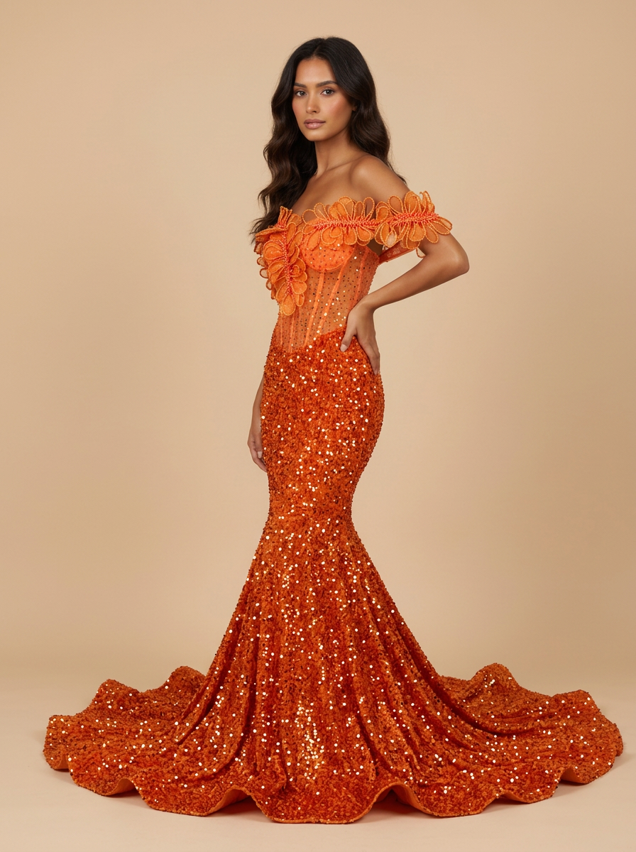 Valencia · Vestido de noche naranja de hombros descubiertos con flores