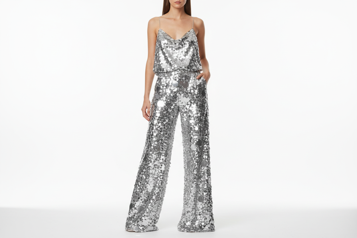 Conjunto elegante que combina un pantalón plateado con lentejuelas grandes, diseñado para realzar tu figura. El pantalón presenta un ajuste ceñido en glúteos con pierna ancha para un look moderno y favorecedor. La blusa suelta en pecho y espalda, con tirantes delicados, proporciona comodidad y movimiento. Perfecto para eventos especiales, fiestas y ocasiones donde desees brillar con estilo sofisticado.