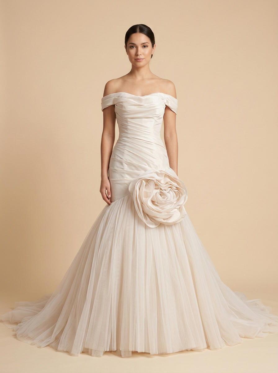 Alba – Vestido de gala sirena champán con flores 3D de satén y tul – Lentejuelas Couture