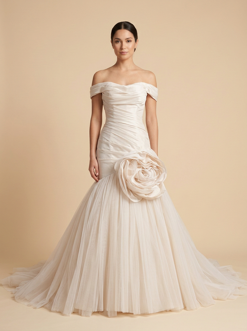 Alba – Vestido de gala sirena champán con flores 3D de satén y tul – Lentejuelas Couture