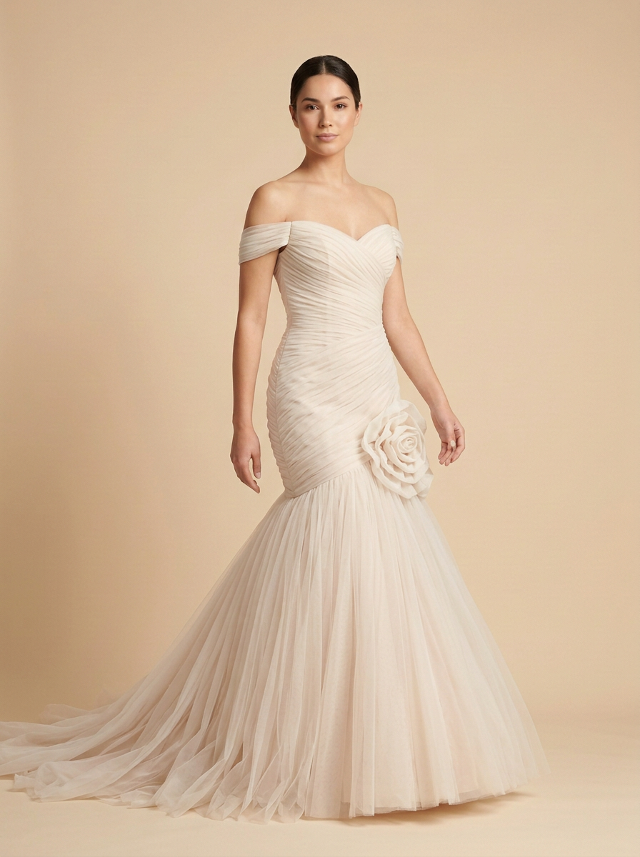 Alba – Vestido de gala sirena champán con flores 3D de satén y tul – Lentejuelas Couture