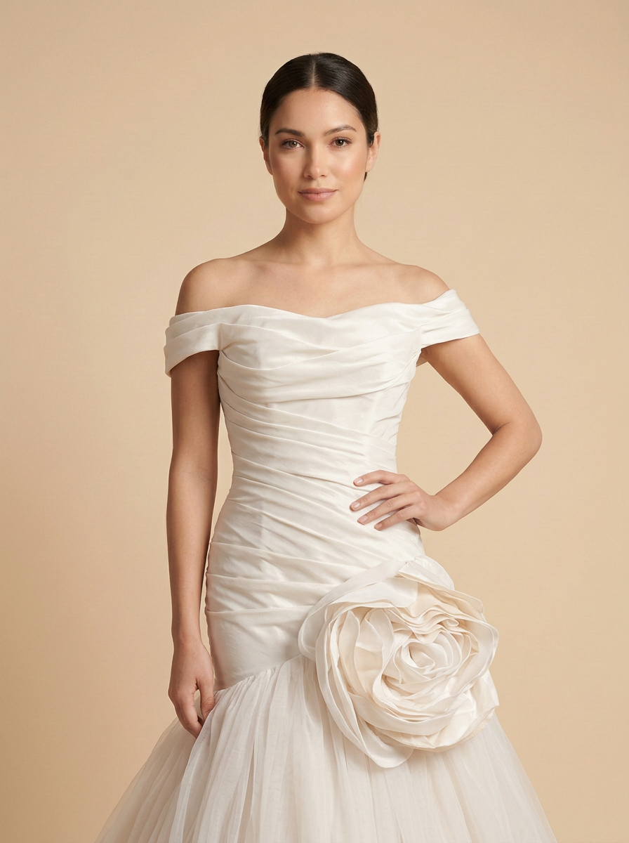 Alba · Vestido de gala sirena champán con flores 3D de satén y tul
