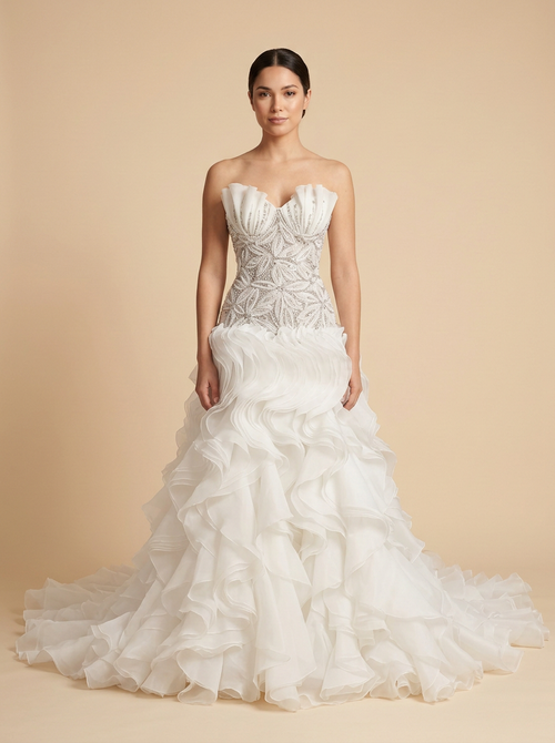 Aurora – Vestido de novia sirena con perlas y volantes de organza – Lentejuelas Couture