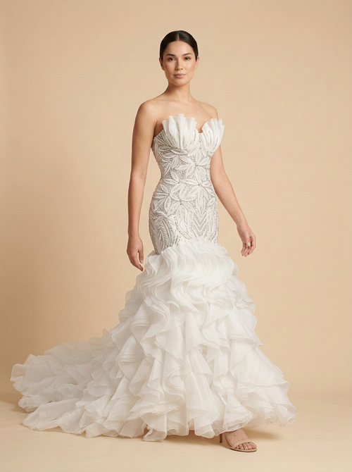Aurora – Vestido de novia sirena con perlas y volantes de organza – Lentejuelas Couture