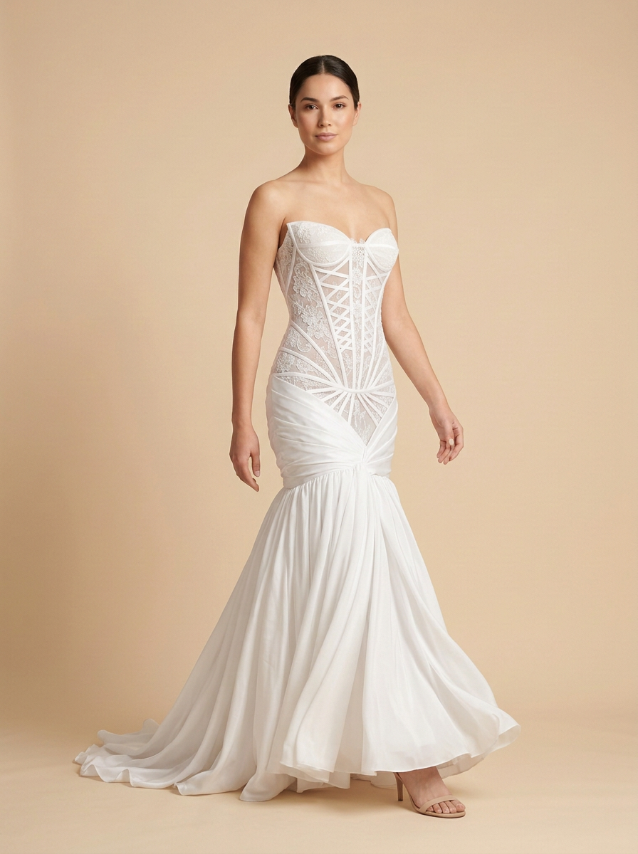 Camila · Vestido de novia sirena de satén con cintura basque y bordado de cuentas