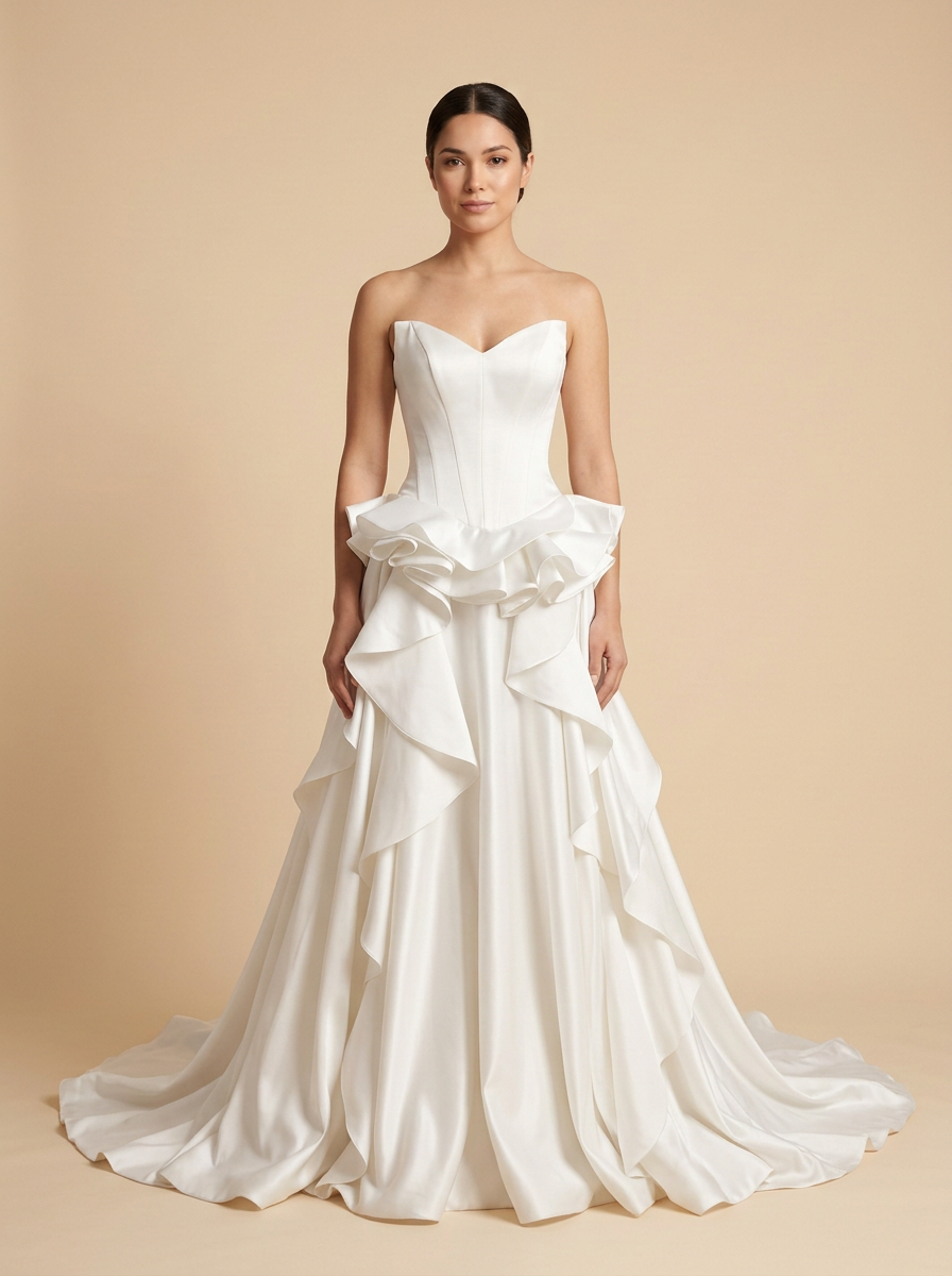Carolina · Vestido de novia de satén con escote corazón y falda de volantes en capas – Lentejuelas Couture