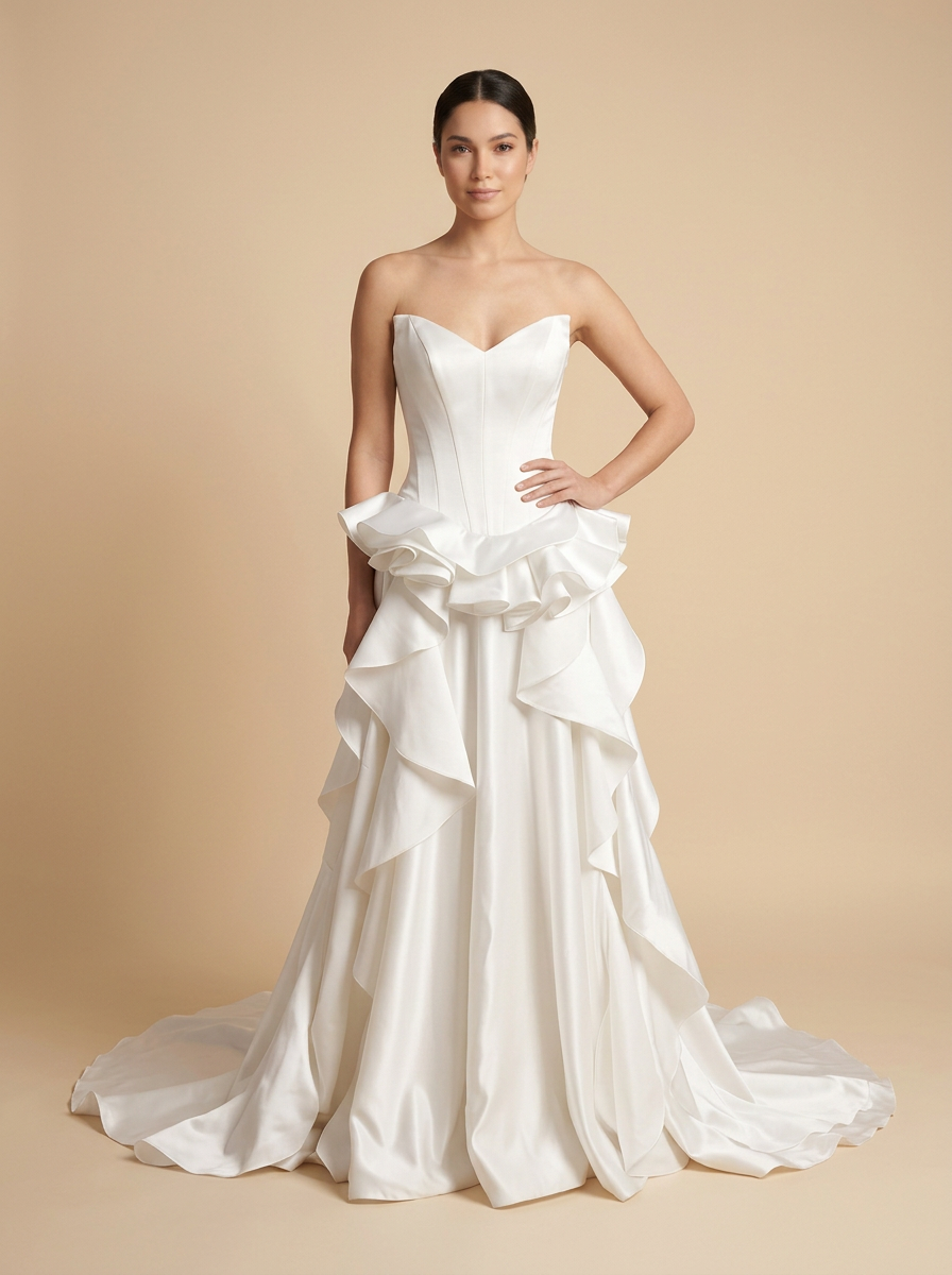 Carolina · Vestido de novia de satén con escote corazón y falda de volantes en capas – Lentejuelas Couture