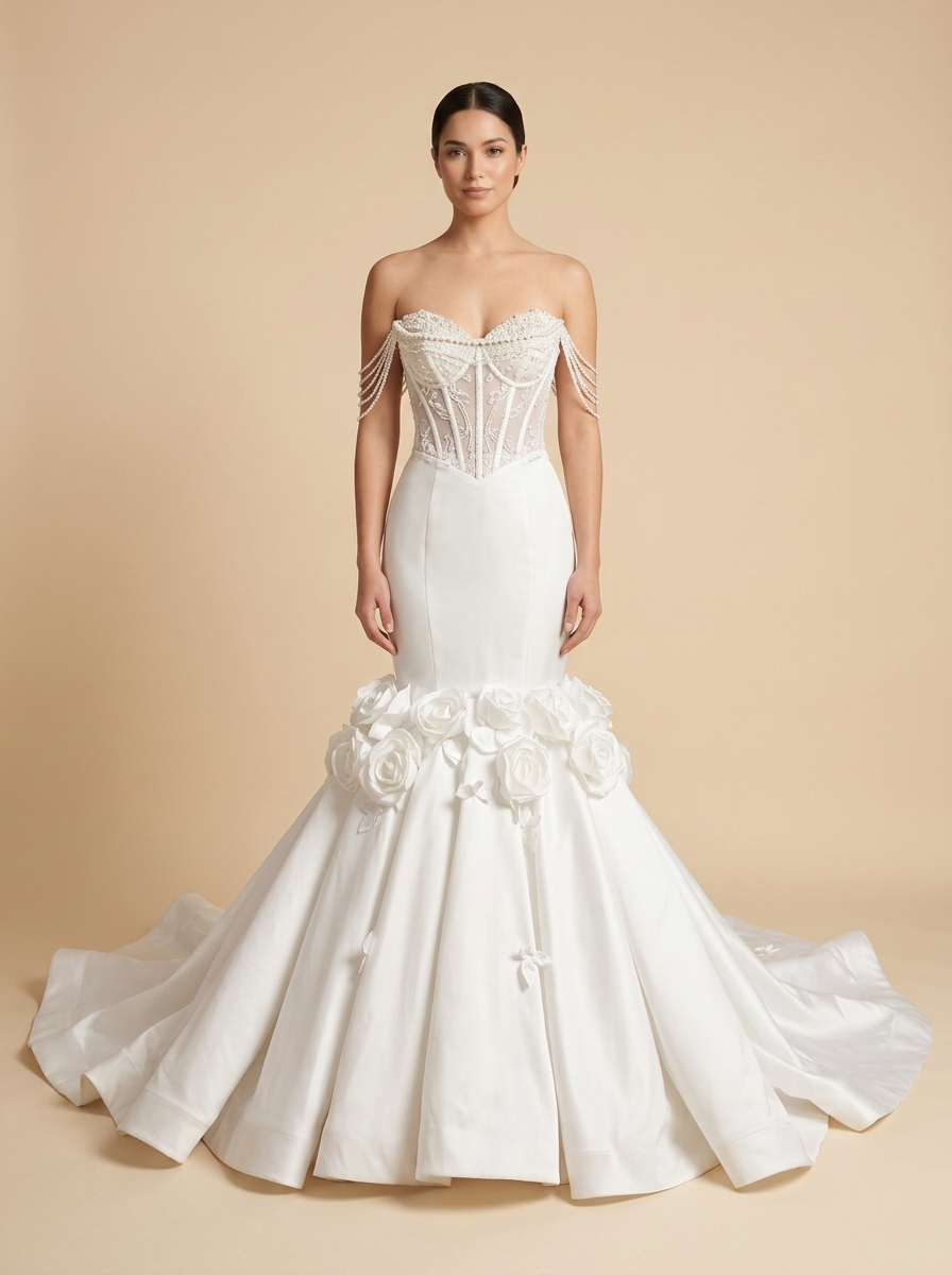 Celeste – Vestido de novia sirena de satén con perlas florales 3D – Lentejuelas Couture