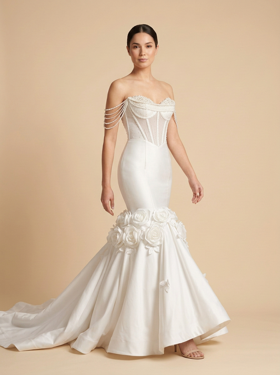 Celeste · Vestido de novia sirena de satén con perlas florales 3D