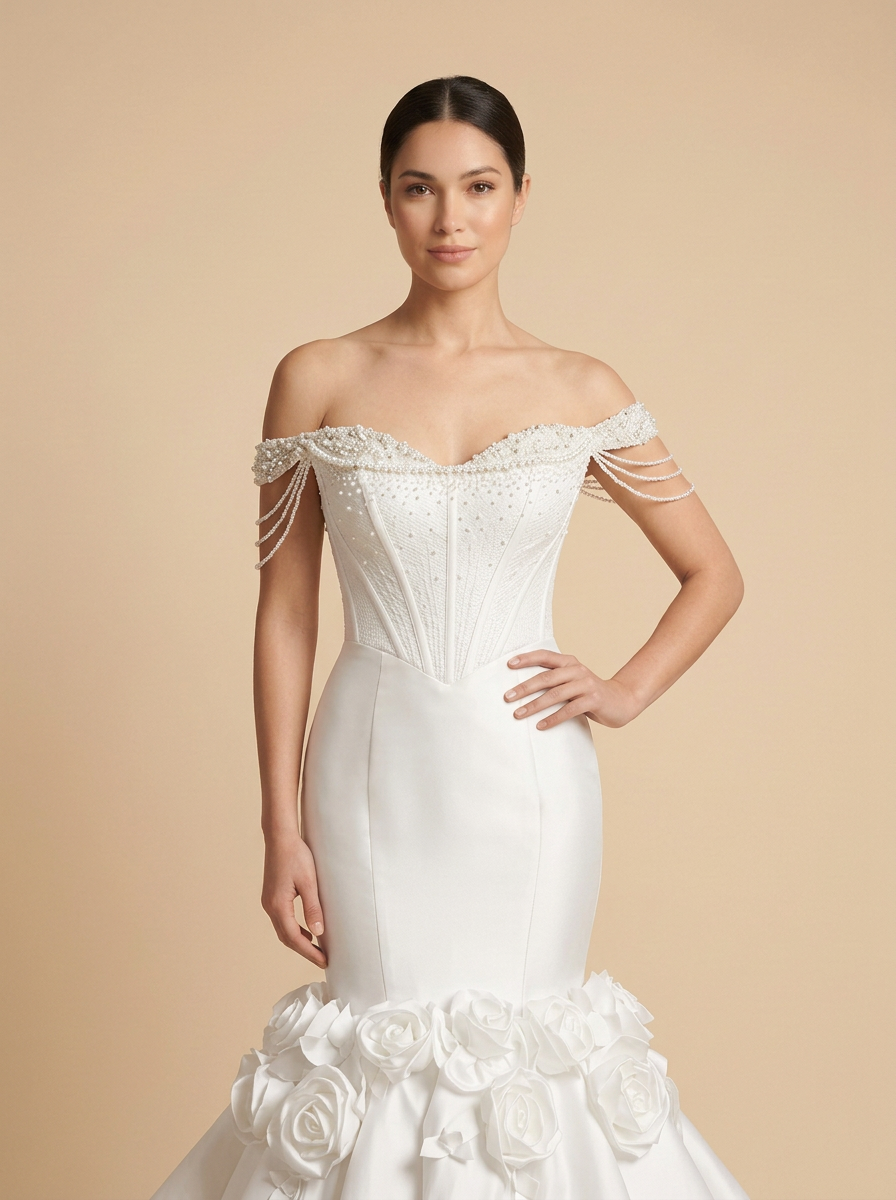 Celeste – Vestido de novia sirena de satén con perlas florales 3D – Lentejuelas Couture