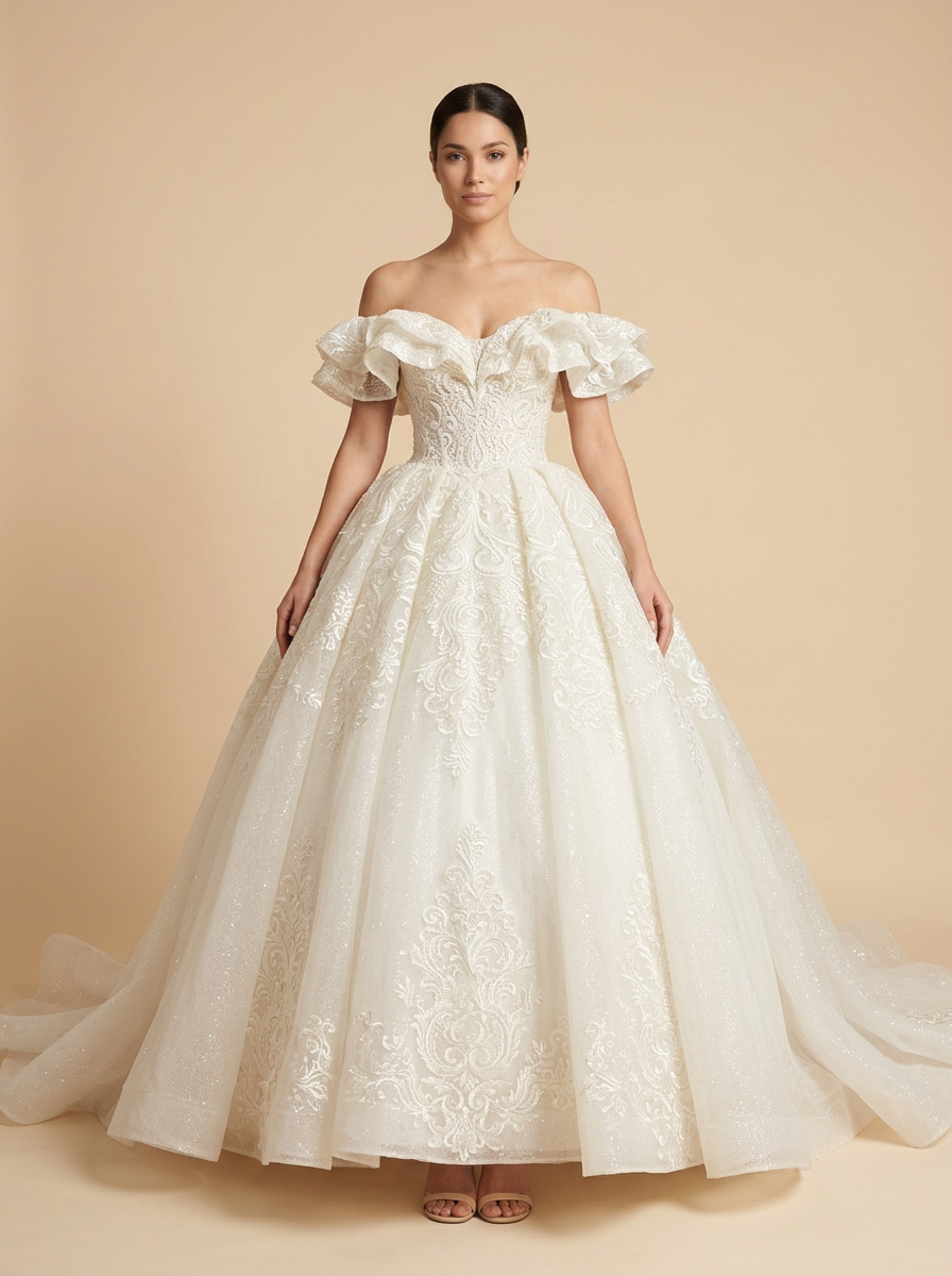 Daniela · Vestido de novia princesa de hombros descubiertos con pedrería y lentejuelas – Lentejuelas Couture
