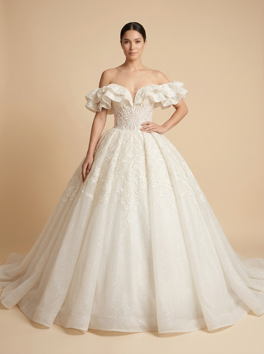 Daniela · Vestido de novia princesa de hombros descubiertos con pedrería y lentejuelas