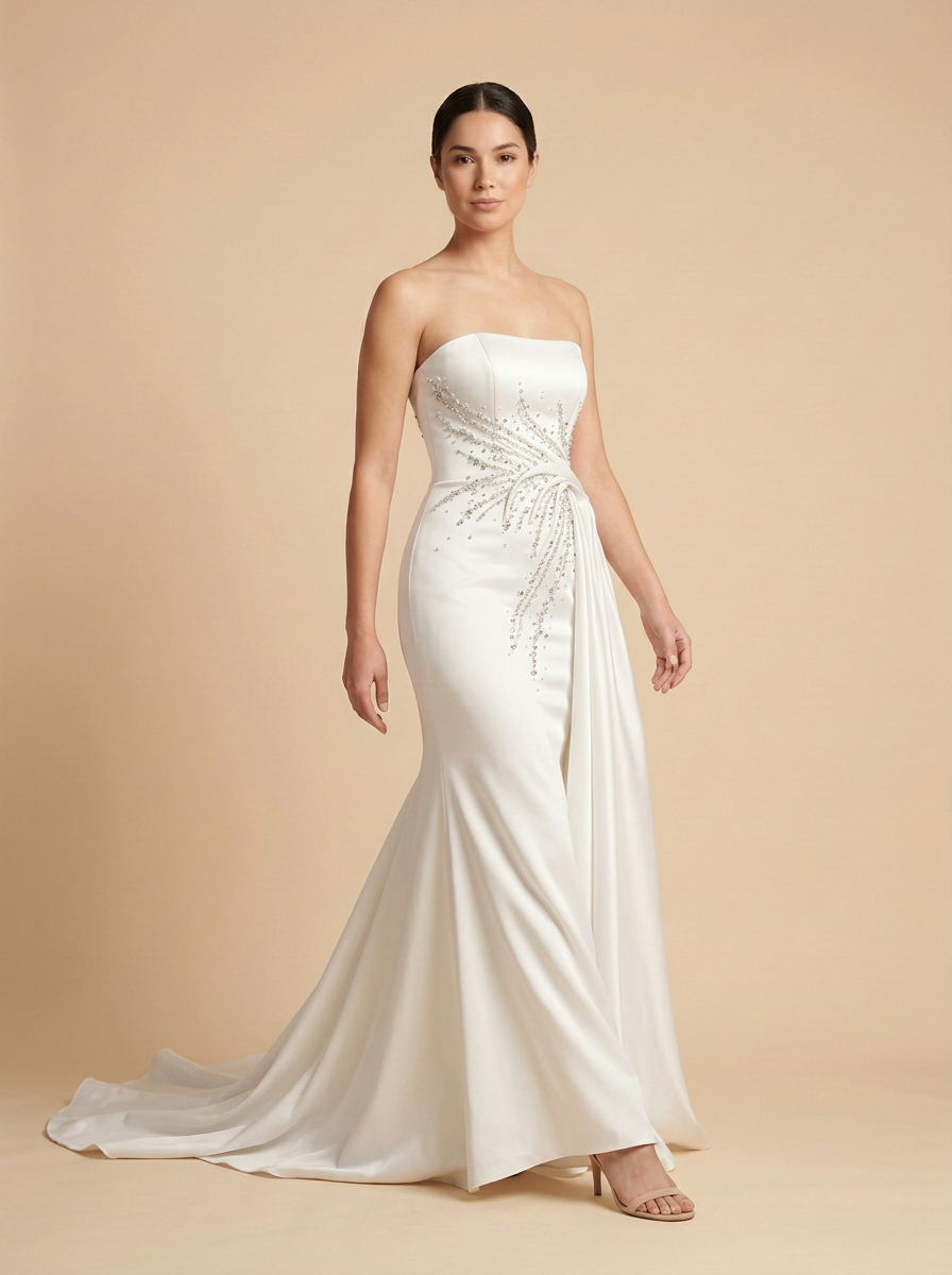 Elena – Vestido de novia de satén minimalista con pedrería y lazo lateral – Lentejuelas Couture