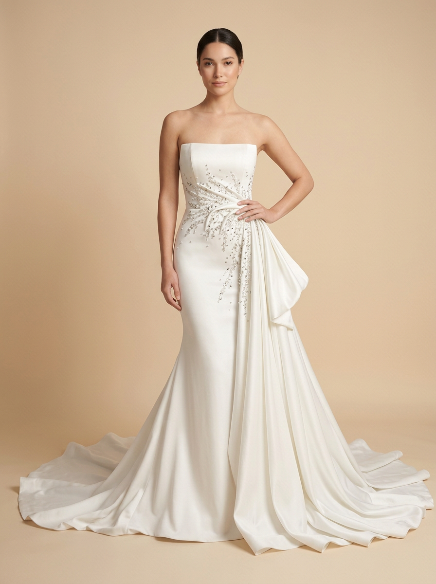 Elena · Vestido de novia de satén minimalista con pedrería y lazo lateral