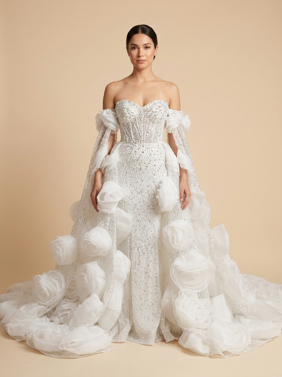 Gabriela · Vestido de novia sirena de cristales con capa de tul desmontable y rosas 3D – Lentejuelas Couture