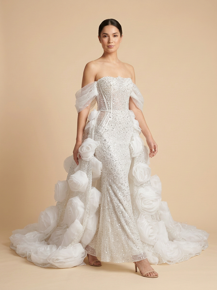 Gabriela · Vestido de novia sirena de cristales con capa de tul desmontable y rosas 3D – Lentejuelas Couture