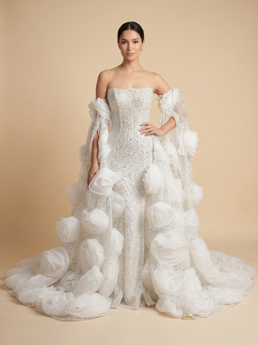 Gabriela · Vestido de novia sirena de cristales con capa de tul desmontable y rosas 3D – Lentejuelas Couture