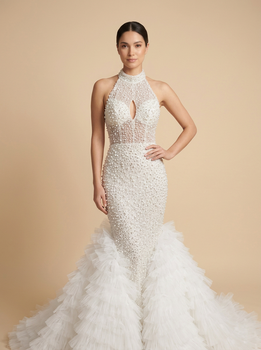 Isabella · Vestido de novia sirena halter con tul de volantes y mangas desmontables