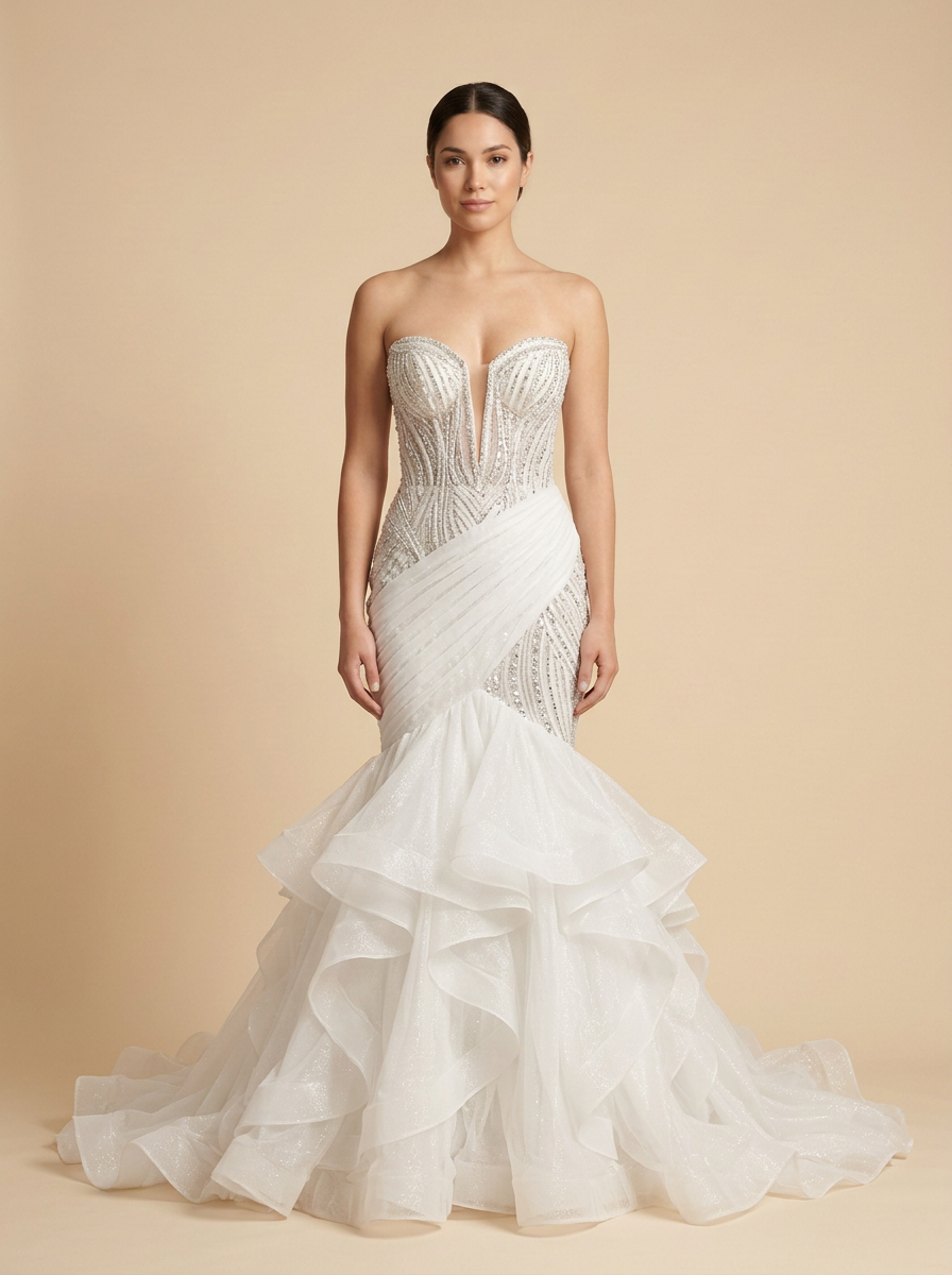Mariana · Vestido de novia sirena de satén y organza con volantes y cuentas
