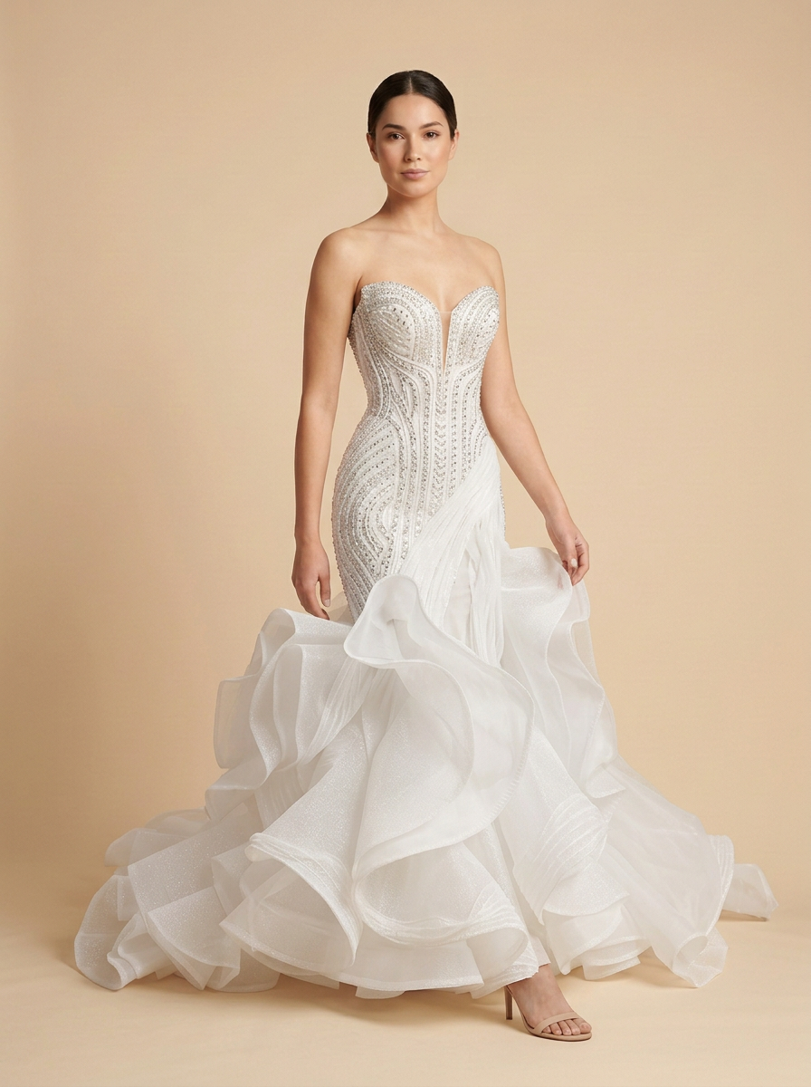 Mariana · Vestido de novia sirena de satén y organza con volantes y cuentas – Lentejuelas Couture