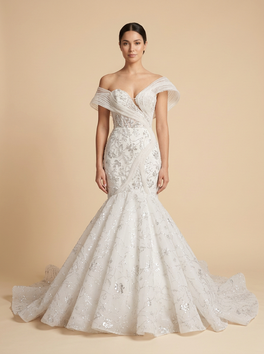 Sofía · Vestido de novia sirena de hombros descubiertos con encaje y cuentas