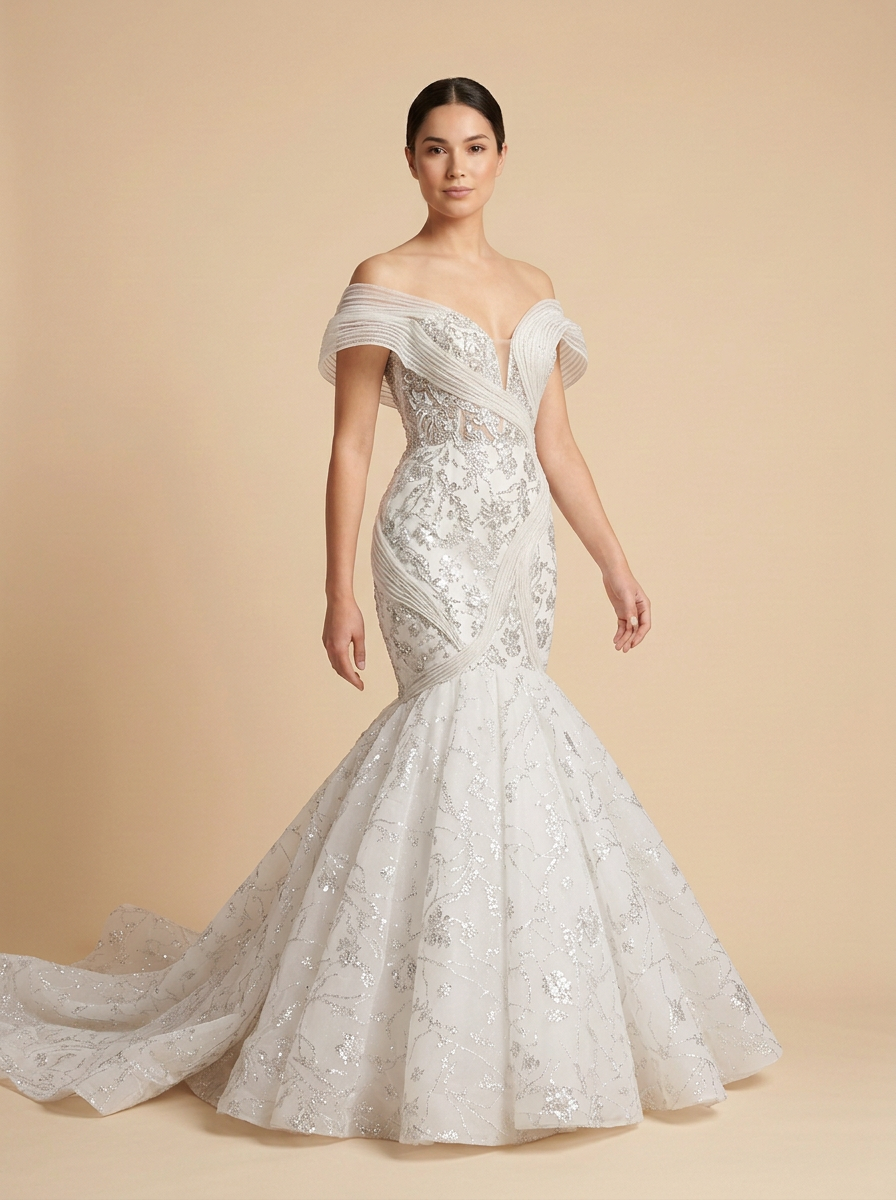 Sofía · Vestido de novia sirena de hombros descubiertos con encaje y cuentas