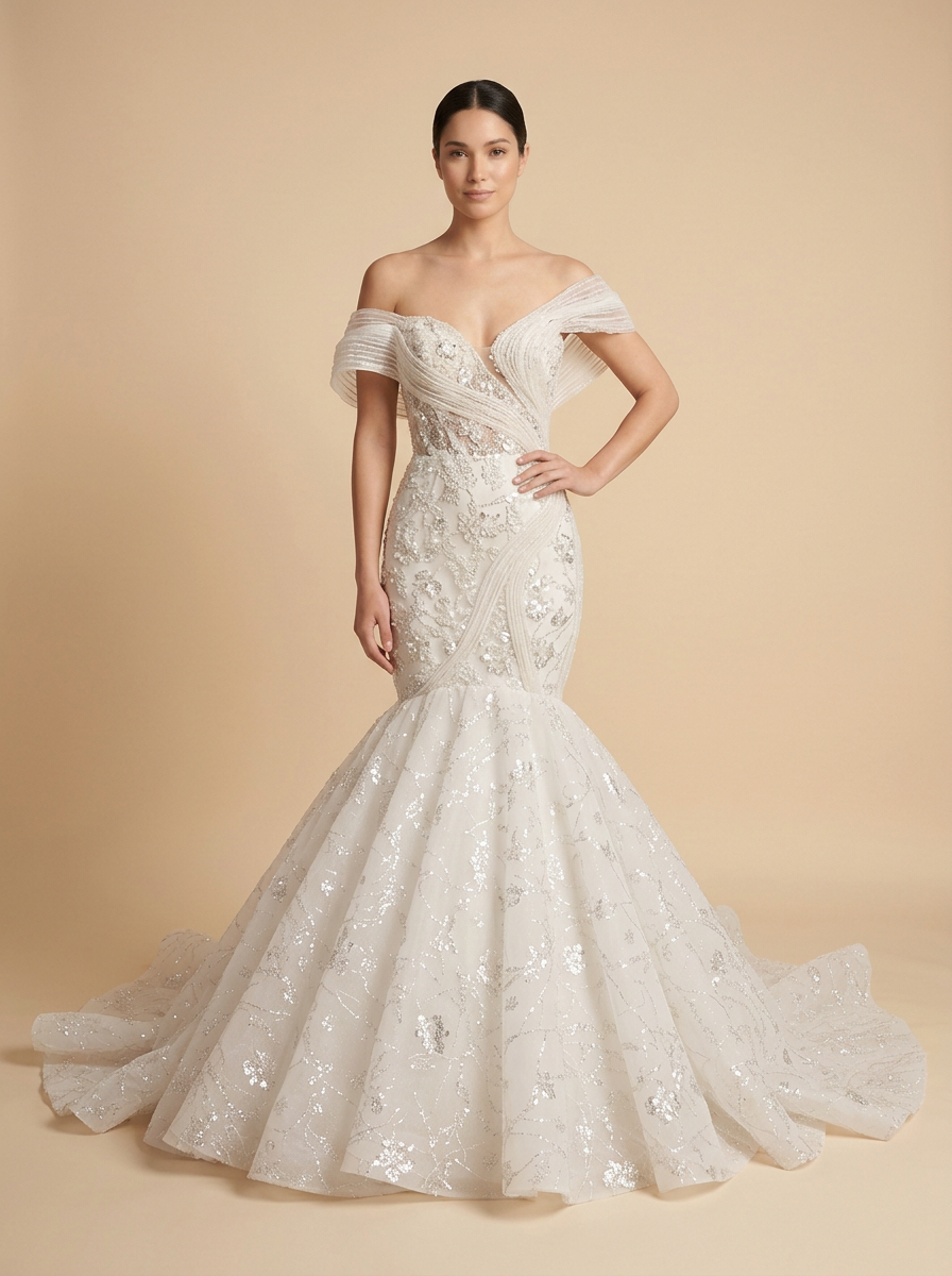 Sofía – Vestido de novia sirena de hombros descubiertos con encaje y cuentas – Lentejuelas Couture