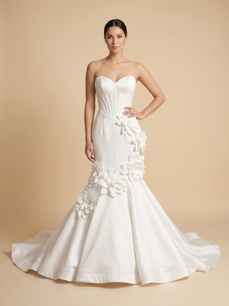Valentina – Vestido de novia sirena de satén con apliques florales 3D hechos a mano – Lentejuelas Couture