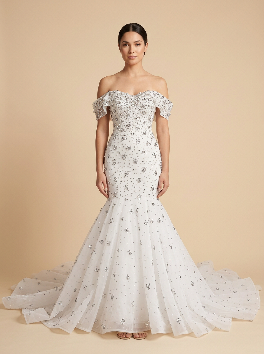 Victoria · Vestido de novia sirena de tul brillante con cuentas y hombros descubiertos