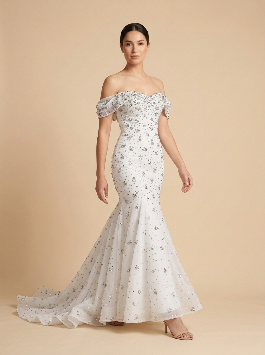 Victoria · Vestido de novia sirena de tul brillante con cuentas y hombros descubiertos