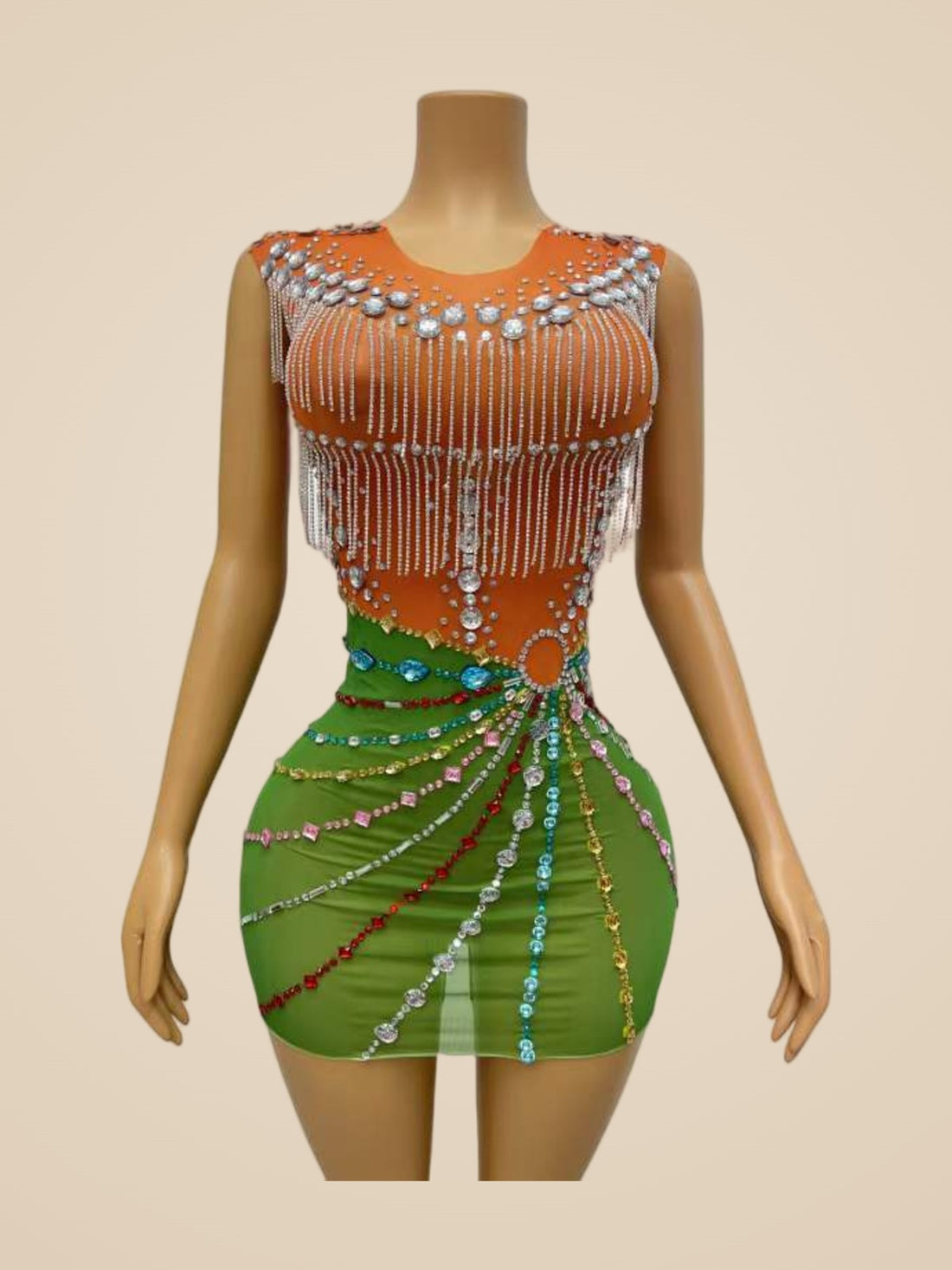 Mandarina · Vestido mini bicolor naranja y verde con flecos de cristal y falda cruzada
