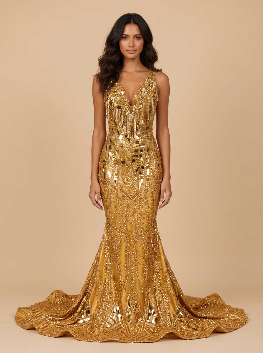 Áurea – Vestido de noche con apliques 3D dorados y escote profundo en V – Lentejuelas Couture
