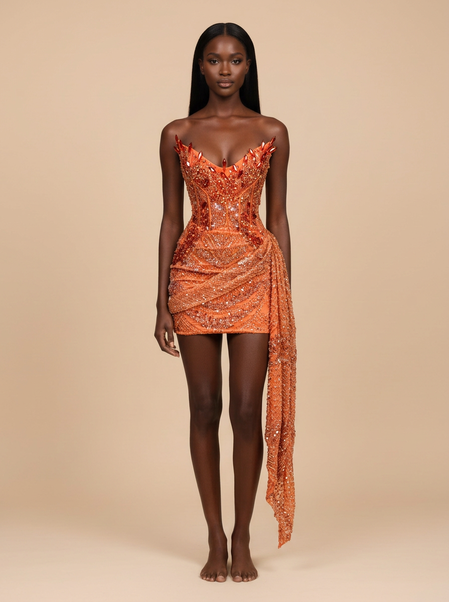 Ámbar – Vestido corto de pedrería naranja sin tirantes – Lentejuelas Couture