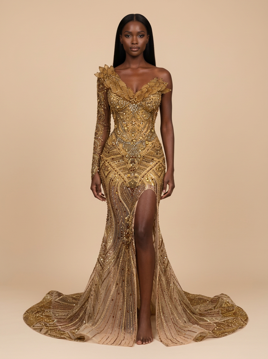 Dalia · Vestido de noche dorado de una manga con lentejuelas y abertura alta