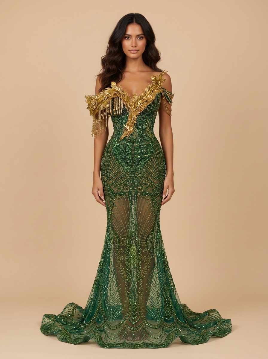 Esmeralda – Vestido de noche sirena verde con cuentas y flecos – Lentejuelas Couture
