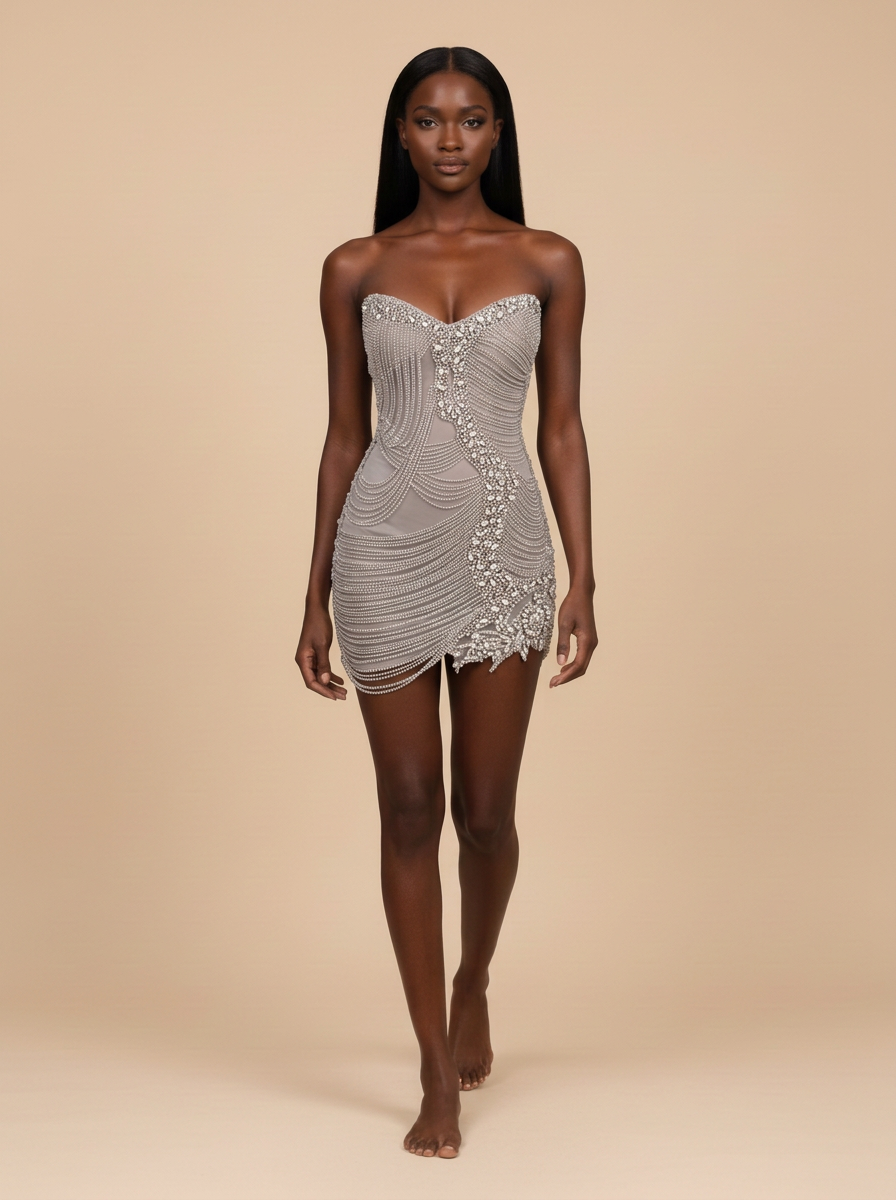 Plata · Vestido de fiesta sin tirantes con corsé de cristal plateado